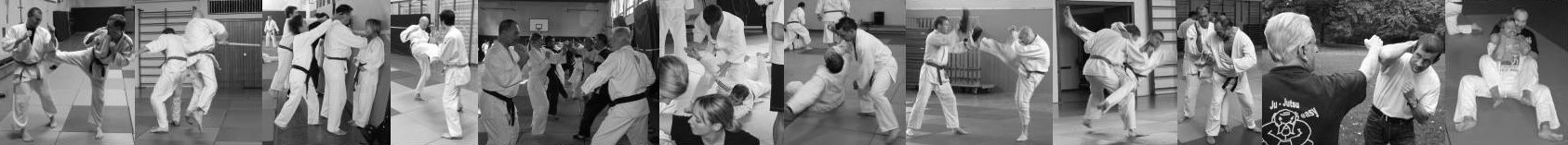 Schwarz-Weiß-Collage mit Ju-Jutsu-Training, Partnerübungen und verschiedenen Techniken.